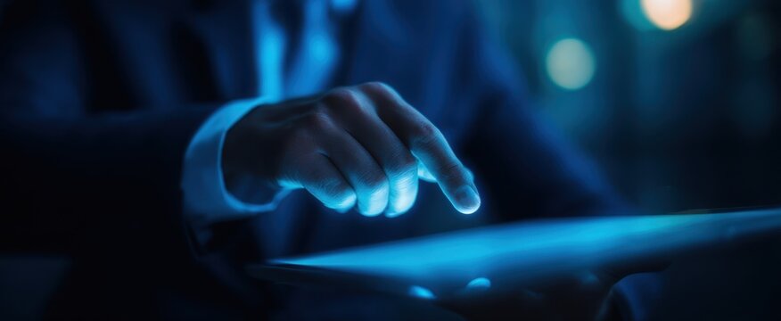 The businessman interacting with a glowing tablet screen in a modern environment.