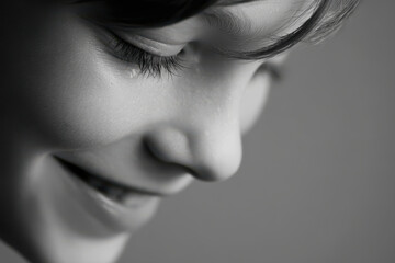 young girl gazes downward with tears in her eyes contrasting her joy against clean monochrome background