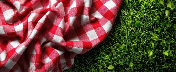 Fototapeta premium The classic red and white picnic blanket resting on fresh green grass.