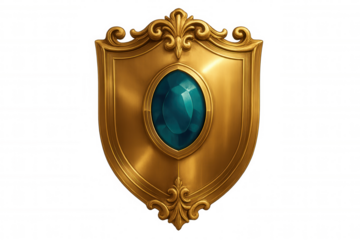 Golden shield adorned with a striking blue gem, set against a transparent background, perfect for enhancing game or app design elements