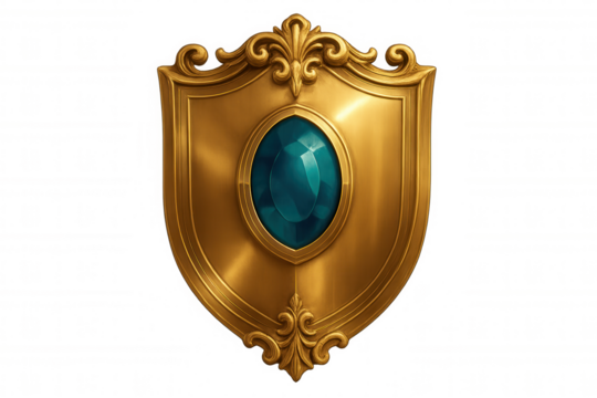 Golden shield adorned with a striking blue gem, set against a transparent background, perfect for enhancing game or app design elements