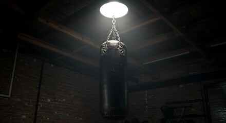 Punching Bag in Dark Room with Spotlight