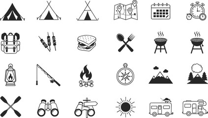 Camping icon set, outdoor adventure symbols collection, tents, campfire, hiking gear, BBQ, compass, RV, map, fishing, travel tools, summer holiday illustration