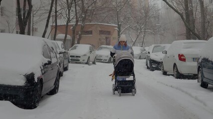 A mother pushes a baby stroller through deep snow while facing challenging winter weather. The scene highlights her resilience amidst heavy snowfall and suburban streets.