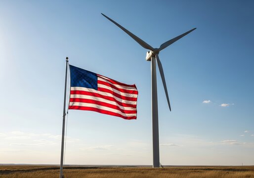 American Flag and Wind Turbine Symbolize Renewable Energy in the United States Landscape.