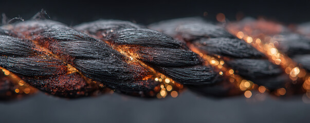 Close-up of a twisted rope with sparks and metallic fibers glowing in dark background showcasing industrial strength and detail