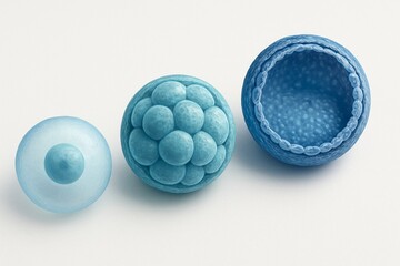 Three stages of embryonic development in blue on a white background