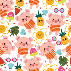 seamless pattern cute cartoon pig with summer element drawing. cute summer pattern for background, gift wrap paper