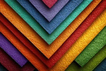 Abstract layered geometric pattern of textured, triangular shapes in a rainbow spectrum of colors