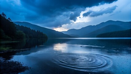 Moody Rainy Lake Landscape at Dusk