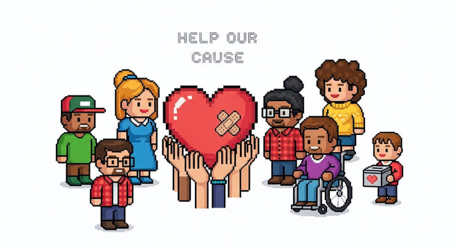 Pixel Art Diverse Group Raising Heart Donation