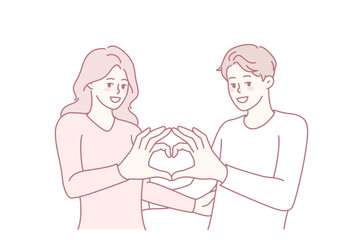 Happy couple hug show heart sign with hands. Smiling man and woman demonstrate love hand gesture enjoy romantic relationships. Romance and affection. Vector illustration.