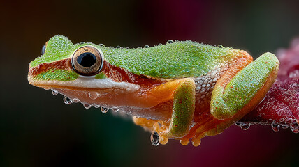 Obraz premium Closeup View Of A Green And Orange Frog Covered In Water Droplets On A Leaf