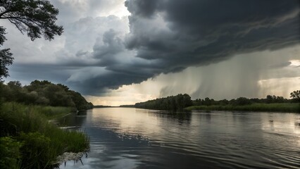 Moody Rainy Riverbank Scene