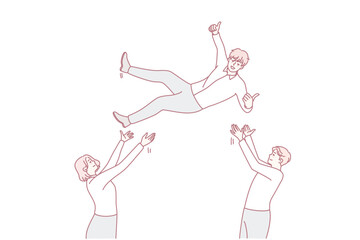 Happy employee throw colleague up in air greeting with job promotion. Overjoyed businesspeople celebrate shared business success or achievement. Teamwork. Vector illustration.