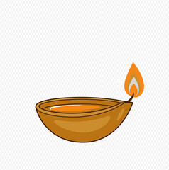 A simple illustration of a traditional brown clay Diya oil lamp with a bright, burning flame.