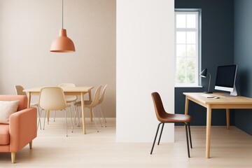 Modern open-concept interior with dining area and home office separated by partition wall in minimalist design style with natural light and wood accents.