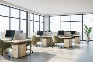 Modern open-plan office interior with natural light, green chairs, wooden desks, and large windows in contemporary architecture concept.