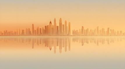 Obraz premium City skyline reflected in calm water at sunrise.