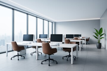 Modern empty office room with minimalist design, clean white desks, brown chairs, and large windows overlooking cityscape in daylight interior setting.