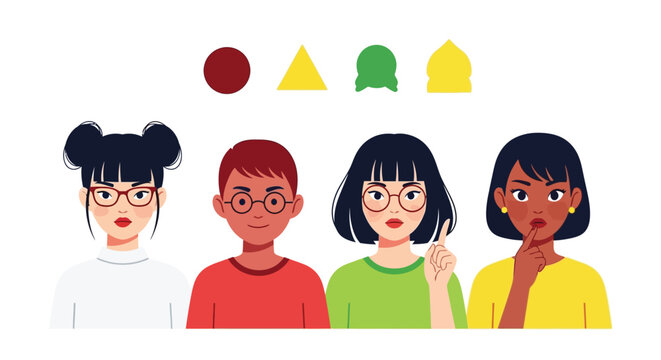 Diverse cartoon characters with shapes for personality types