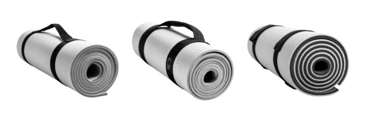 Three Rolled Yoga Mats with Straps on White Background