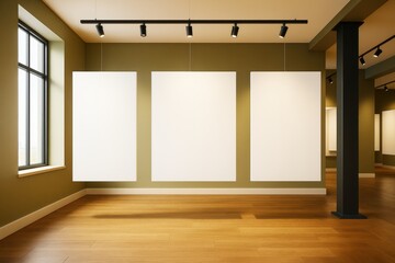 Empty contemporary art gallery interior with three blank white canvases hanging on olive green wall under ceiling lights in modern exhibition room.