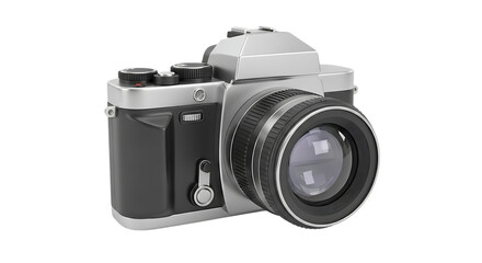 Fototapeta premium Vintage slr camera with silver and black body isolated on transparent background