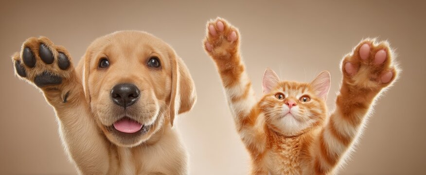 The joyful puppy and playful kitten celebrating their friendship in a heartwarming pose.