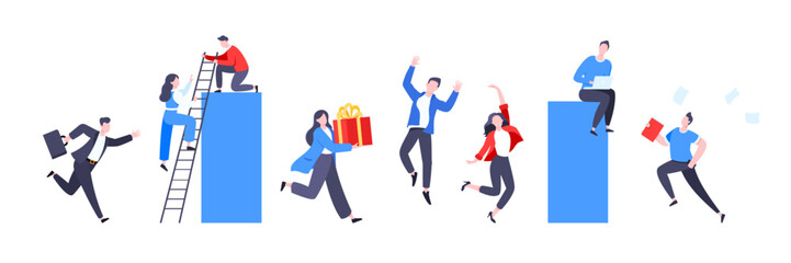 Teamwork concept with tiny people characters working together business concept elements set. Teamwork and time management concept flat style design vector illustration isolated on white background.