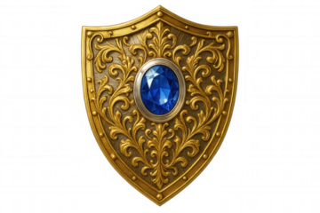 Golden heraldic shield with blue gemstone, decorative floral elements, symbolizing security and protection against transparent backdrop