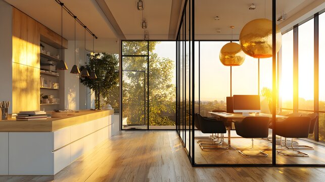 Modern open-plan office space with kitchen area at sunset. - Powered by Adobe