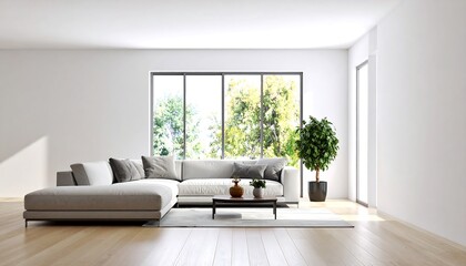 Fototapeta premium Modern minimalist living room with large window, light-colored sectional sofa, and potted plant