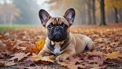 French bulldog puppy in autumn park