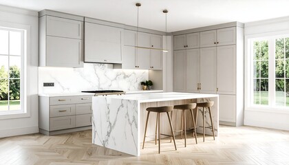 Obraz premium Modern kitchen with marble island, light grey cabinets, and hardwood floors