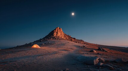 Fototapeta premium Lone tent on barren rocky summit under full moon 