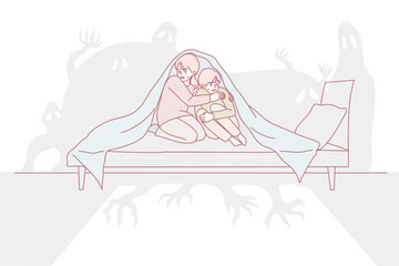 Scared small children sit on bed under blanket terrified by imaginary monsters. Frightened little kids feel fear and anxiety because of house ghosts. Childhood nightmare. Vector illustration.