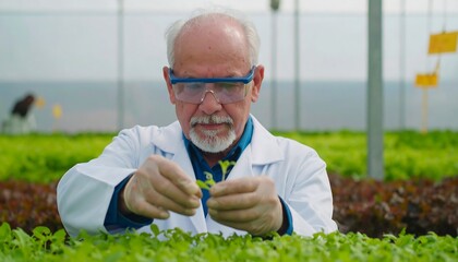 Senior scientist examining a seedling in a greenhouse, wearing safety glasses and a lab coat