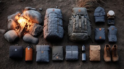 Modern camping gear laid out near a fire 