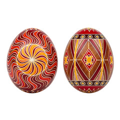 Two intricately decorated pysanky easter eggs isolated on transparent background