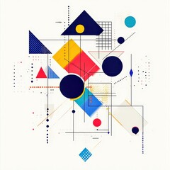 Minimalist abstract corporate poster featuring geometric shapes and isolated icons representing innovation