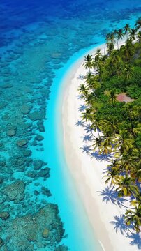 Dreamy tropical beach paradise aerial view with crystal clear turquoise water and swaying palm trees
