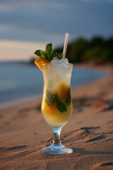 Obraz premium refreshing cocktail with colorful exotic fruits and ice sits on clean background inviting you to enjoy its flavors