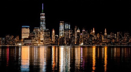 Fototapeta premium Night cityscape skyline reflecting on water