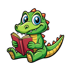 Cute cartoon alligator sitting and reading a book, vector character illustration