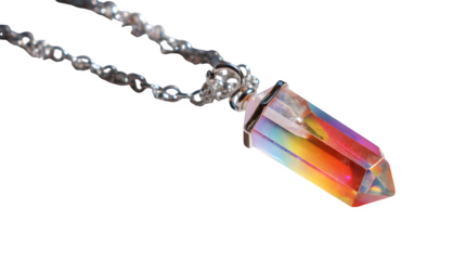 crystal necklace with pendant and aura glow, white background