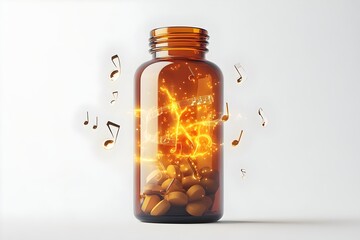 Isolated brown glass medicine bottle filled with glowing gold musical notes, symbolizing music therapy and emotional healing