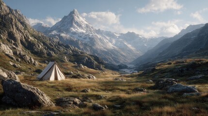 Rugged alpine terrain with a single tent setup