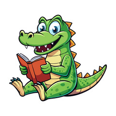 Fototapeta premium Cute cartoon alligator sitting and reading a book, vector character illustration