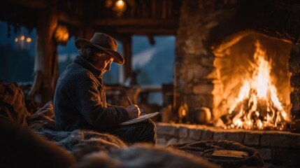 Solo camper writing in a journal by the fire